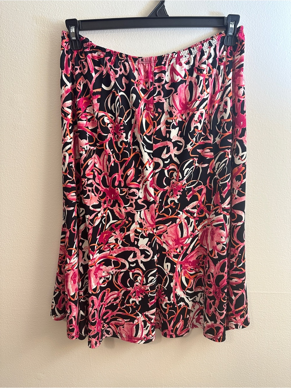 Notations Black A-Line Midi Skirt with Pink Floral Print